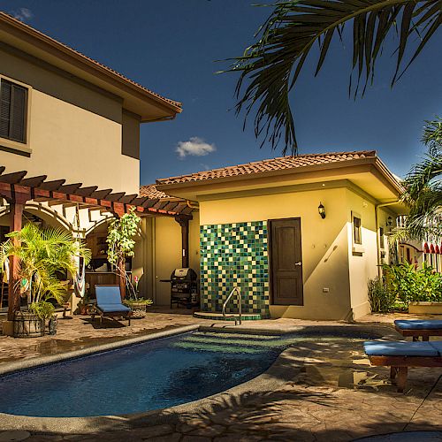 A tropical backyard features a swimming pool, lounge chairs, palm trees, and hammock-style seating with a stylish tile-accented wall in the background.