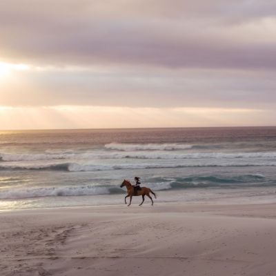 A person riding a horse on a sandy beach during sunset, with waves gently crashing onto the shore under a cloudy sky.