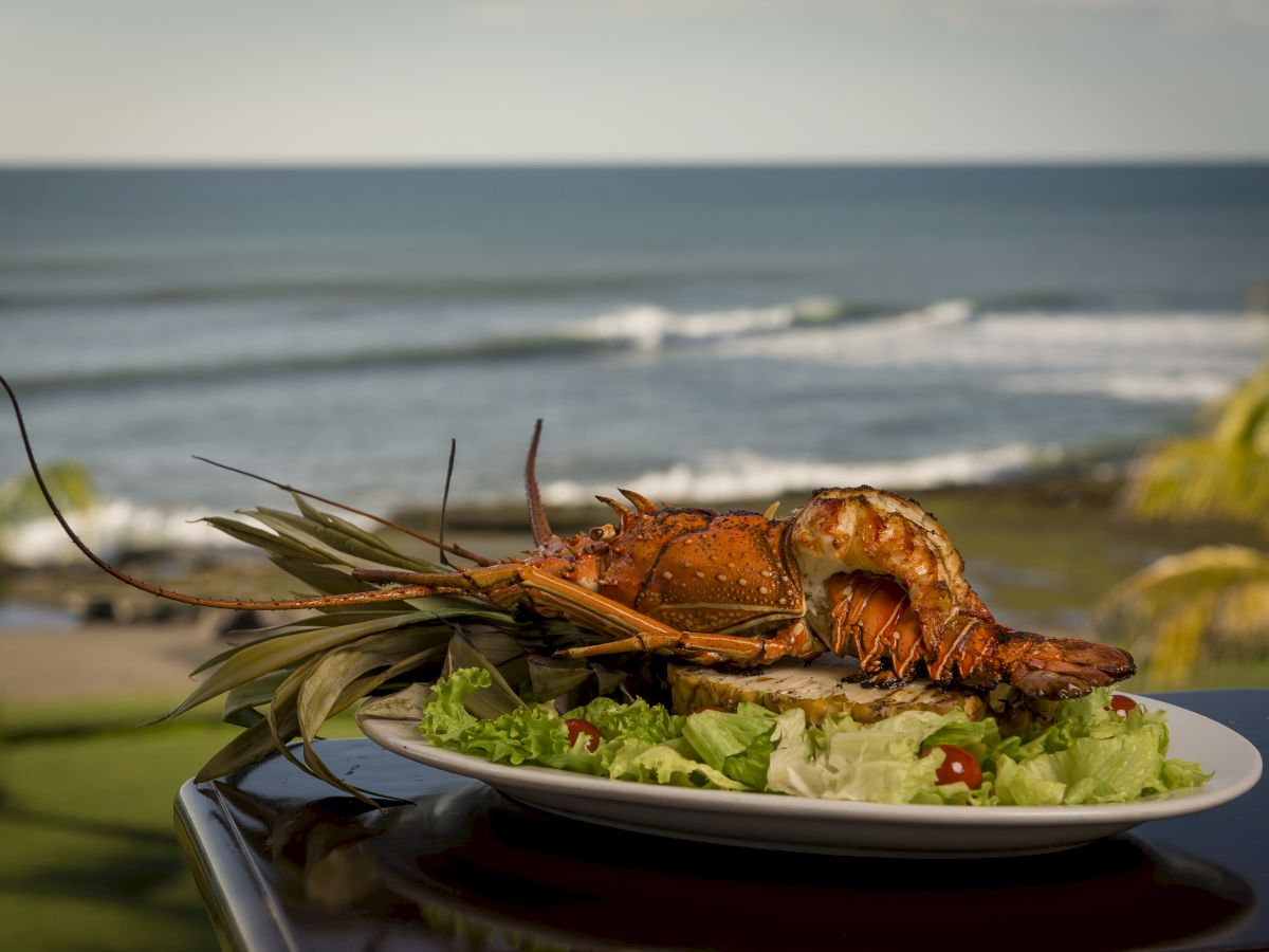 A plate of grilled lobster served with a fresh salad is set against a scenic ocean backdrop, with waves gently crashing on the shore.