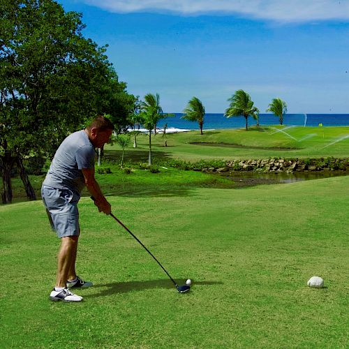 A person is about to hit a golf ball on a lush green course with a water body and palm trees in the background under a clear sky.