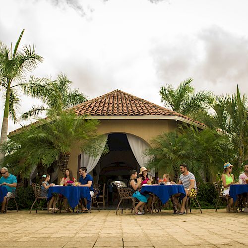 People are sitting at tables with blue tablecloths outside a building with a tiled roof, surrounded by palm trees and cloudy skies on a patio area.