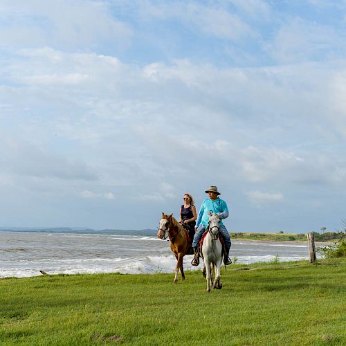 Two people riding horses along a grassy coastline, with the ocean and partly cloudy sky in the background.