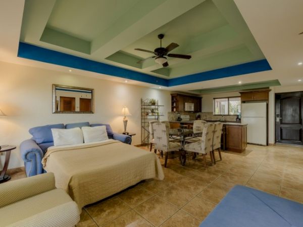 A spacious living area with a bed, sofa, dining table, and kitchen. The ceiling has a unique design with recessed lighting and a ceiling fan.
