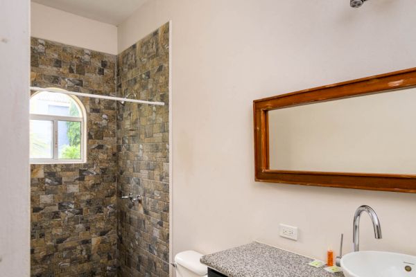 This image shows a bathroom with a stone-tiled shower, a toilet, a black vanity with a sink, a large mirror, and white walls.