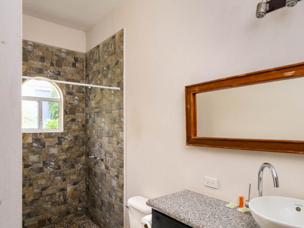 This image shows a bathroom with a stone-tiled shower, a toilet, a black vanity with a sink, a large mirror, and white walls.