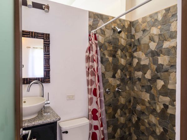 A bathroom with a toilet, sink basin, mirror, and a stone-tiled shower area with a red shower curtain featuring heart patterns ends the sentence.