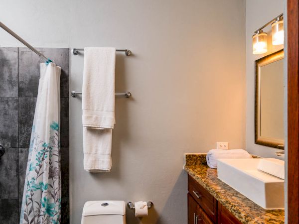 This image shows a bathroom with a shower, toilet, vanity with a sink and mirror, granite countertop, and towel rack with white towels ending the sentence.