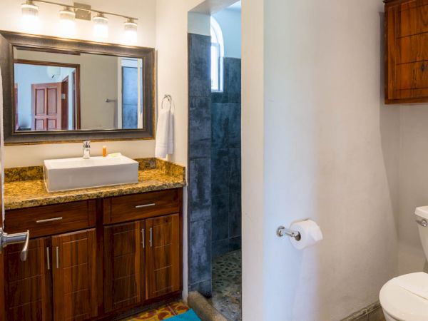 A bathroom featuring a sink with a wooden vanity, a mirror, a toilet, and a walk-in shower. Colorful patterned floor tiles and a blue mat are visible.