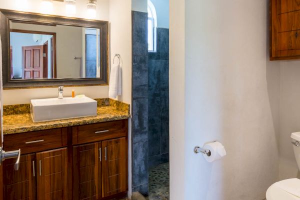 This image shows a well-lit bathroom with colorful floor tiles, a wooden vanity with a sink, a mirror, a shower area, and a toilet.