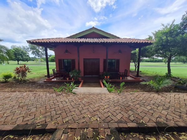 The image shows a small, one-story house with a brown roof, brick pathway, plants in front, surrounded by greenery, and a partly cloudy sky.