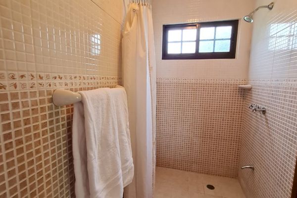 This image shows a tiled bathroom with a walk-in shower, a window, a shower curtain, and a towel hanging on a rack.