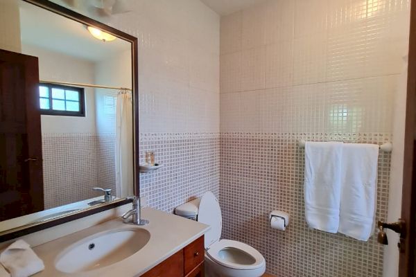 The image shows a bathroom with a sink, mirror, toilet, towels, and a window. The walls are tiled, and the light is on the ceiling.