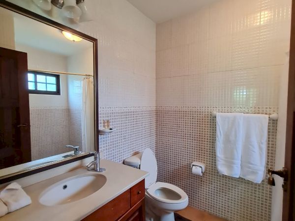 The image shows a bathroom with a sink, mirror, toilet, towels, and a window. The walls are tiled, and the light is on the ceiling.