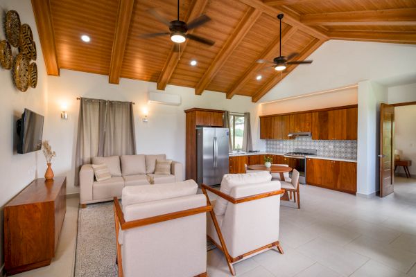 A modern living room with vaulted wooden ceilings, comfortable furniture, and an open kitchen featuring stainless steel appliances and wooden cabinets.