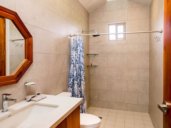 The image shows a modern bathroom with a vanity, sink, toilet, shower area, and a mirror. The shower has a curtain with a blue pattern.