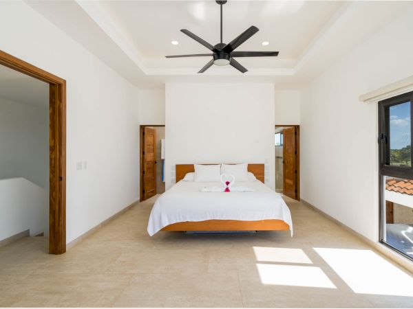 A spacious, bright bedroom with a modern ceiling fan, large bed, wooden doors, and a window showing an outdoor view in natural light.