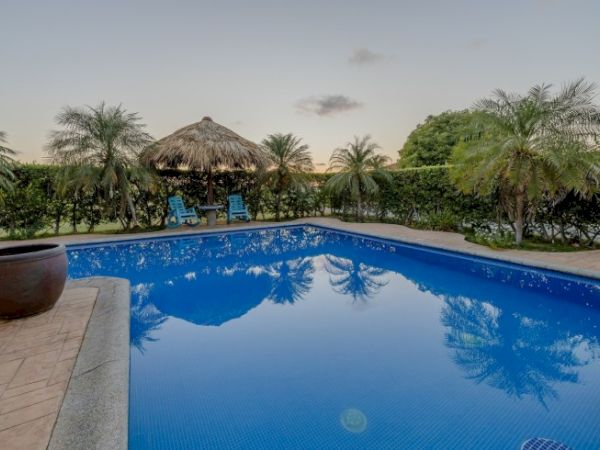 A serene pool is surrounded by palm trees and a thatched-roof hut with two blue chairs, creating a tranquil tropical atmosphere.