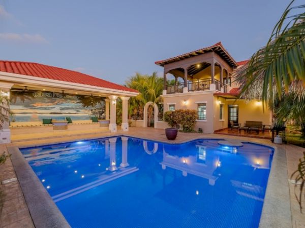 The image shows a luxurious house with a blue swimming pool, surrounded by palm trees and tropical landscaping, featuring a covered outdoor area.