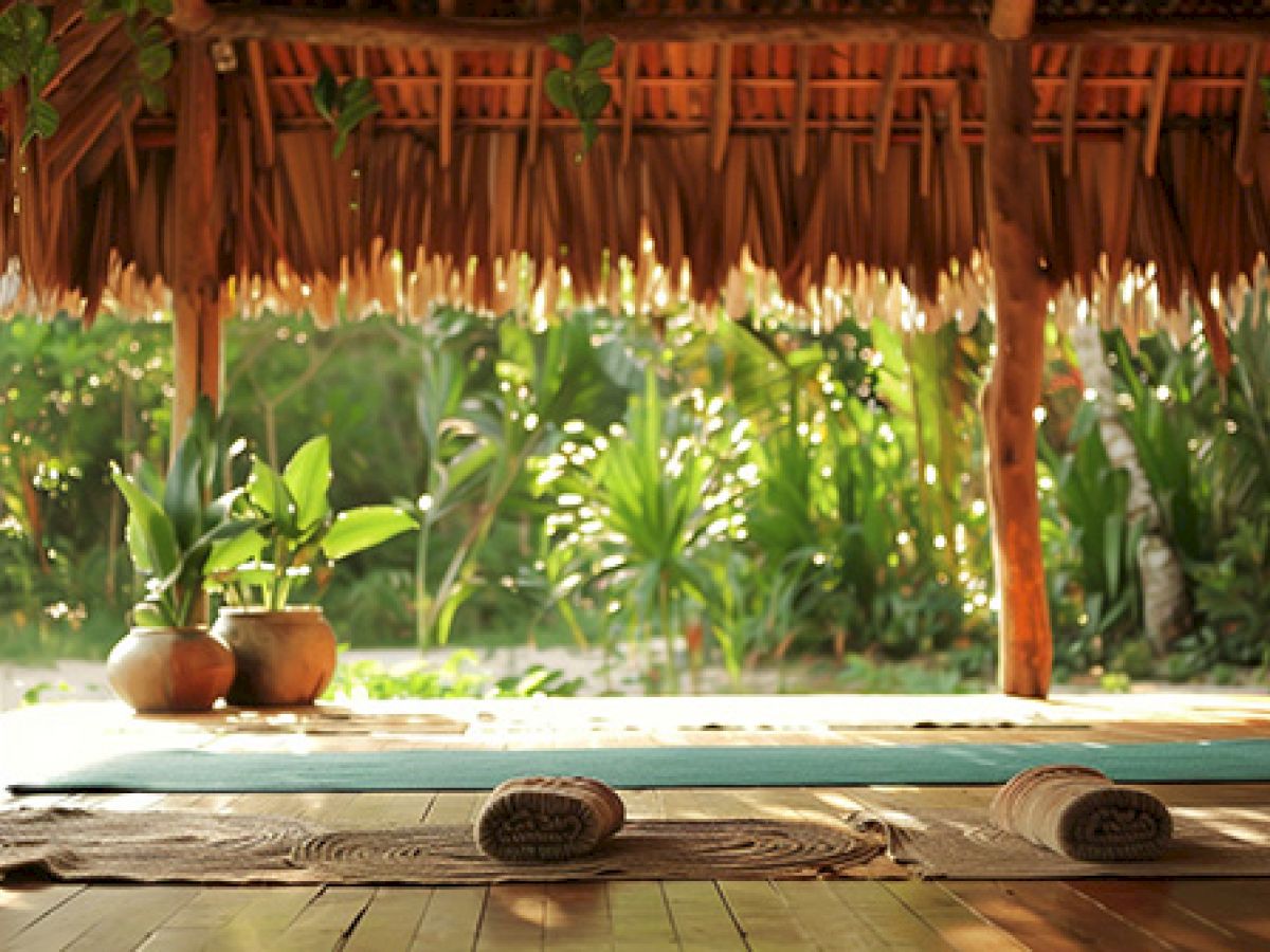 A serene, open-air yoga studio with mats and towels on a wooden floor, surrounded by lush greenery under a thatched roof.