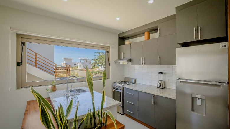 A modern kitchen with gray cabinets, stainless steel appliances, a plant on the island, and a large window offering an outdoor view.