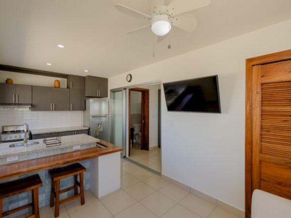This image shows a modern kitchen and living area with a wooden counter, stools, a TV on the wall, and a door leading to another room.