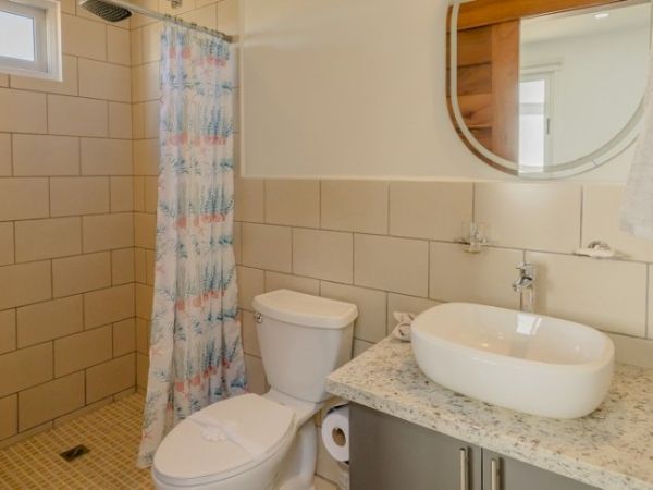 The image shows a bathroom with a shower area, a toilet, a sink on a granite countertop, a round mirror, and a patterned shower curtain.