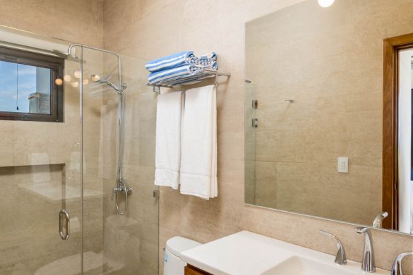 A modern bathroom with a glass shower, toilet, wooden vanity, mirror, and overhead lighting. Towels are neatly hung on a rack above the toilet.