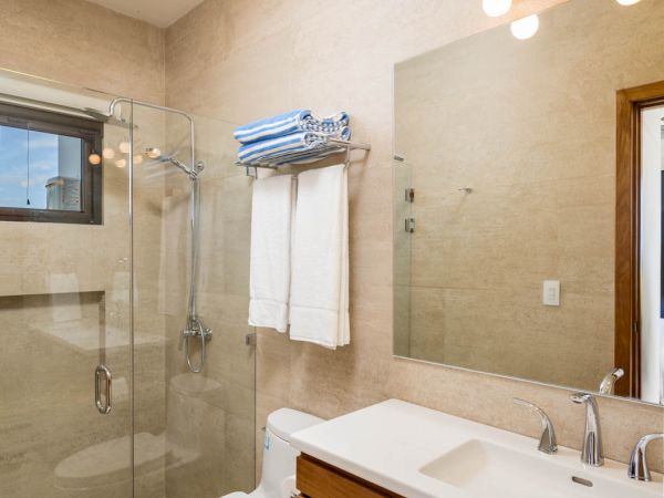 A modern bathroom with a glass shower, toilet, wooden vanity, mirror, and overhead lighting. Towels are neatly hung on a rack above the toilet.