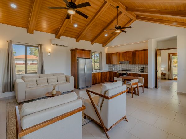 This image shows a modern open-concept living area with a kitchen, dining space, and seating area, featuring wooden ceilings and neutral-toned furniture.
