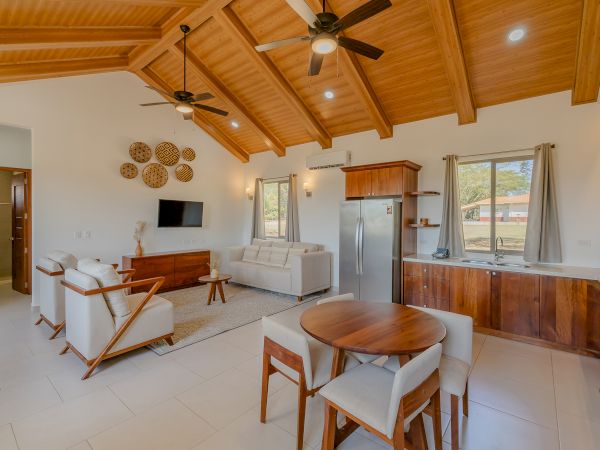 A modern living and dining area with wooden ceiling, two ceiling fans, a TV, sofas, kitchen appliances, and a small dining table with four chairs.