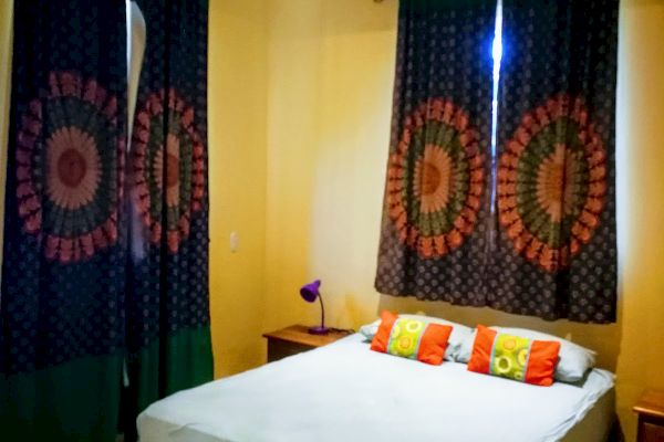 A bedroom with a bed, colorful pillows, nightstands, dark curtains with circular patterns, and a ceiling fan. The walls are light yellow.