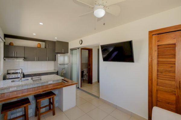 A kitchenette with stools, grey cabinets, a ceiling fan, mounted TV, and a sliding door leading to a bathroom. The scene is well-lit.