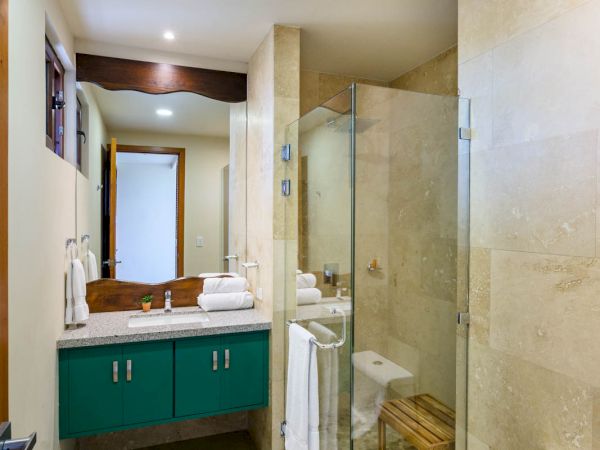 A bathroom with a glass-enclosed shower, a white toilet, a vanity with a sink, a mirror, and a towel. There is also a small stool in the shower.