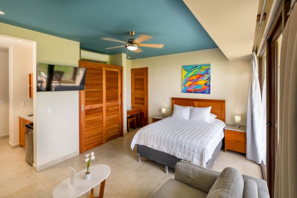 A modern bedroom with a bed, colorful wall art, TV, ceiling fan, wooden closet, sofa, small table with flower, and natural light from large windows.