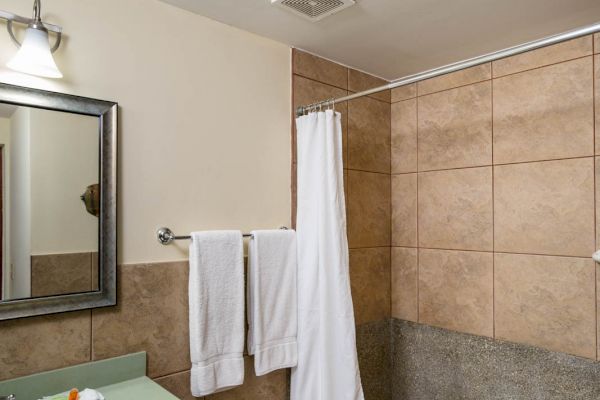 A bathroom with a toilet, sink, mirror, towels hanging, and a shower area with a curtain and tiled walls.