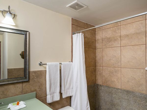 A bathroom with a toilet, sink, mirror, towels hanging, and a shower area with a curtain and tiled walls.
