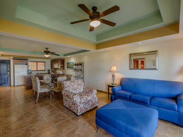 This image shows a cozy living room and dining area with blue couches, a patterned armchair, ceiling fans, and warm lighting, ending the sentence.