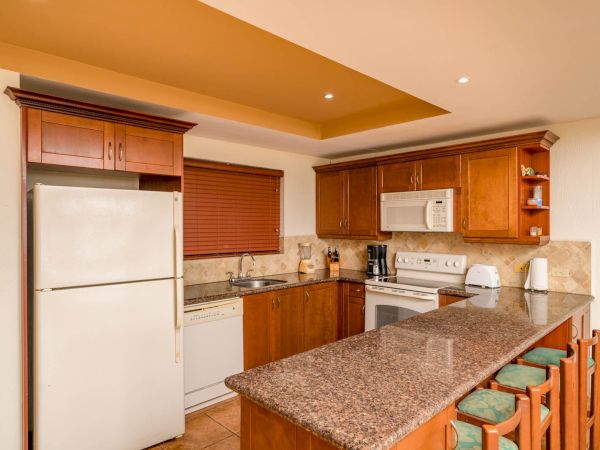 This image shows a kitchen with a large granite countertop, wooden cabinets, refrigerator, dishwasher, microwave, stove, and several appliances ending the sentence.