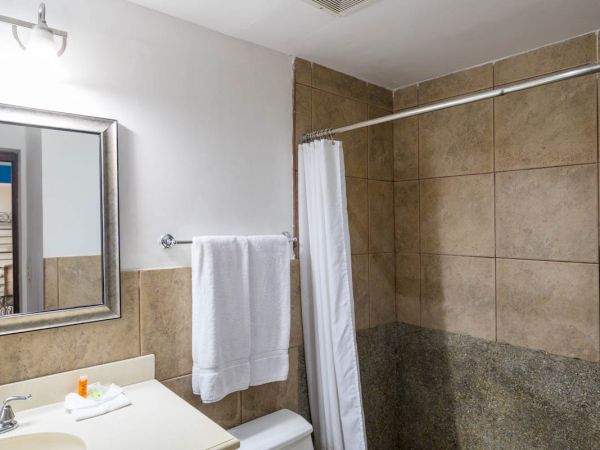 The image shows a bathroom with a sink, mirror, toilet, towel rack, and a shower area with tiles and a curtain.