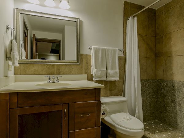A bathroom featuring a wooden vanity with a mirror above, a towel rack, a toilet, and a shower with a curtain, all on tiled flooring.
