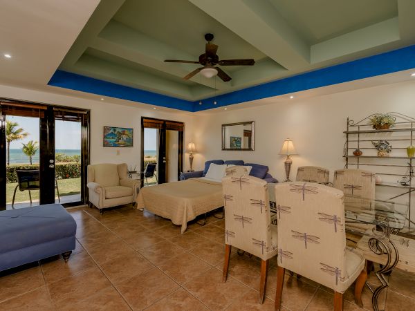 The image shows a spacious room with a king-sized bed, sitting area, dining table, ceiling fan, and large windows offering a view, with decor and furnishings.