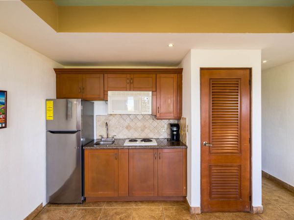 The image shows a small kitchenette with wooden cabinets, a refrigerator, a microwave, a coffee maker, and a stove beside a wooden door.