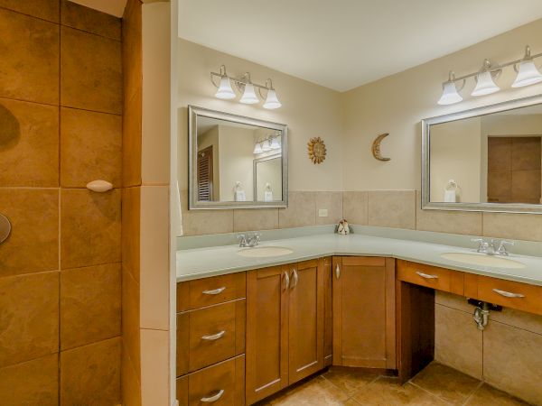 The image shows a modern bathroom with a tiled shower, two sinks with mirrors above, and wooden cabinetry below, all under bright lighting.