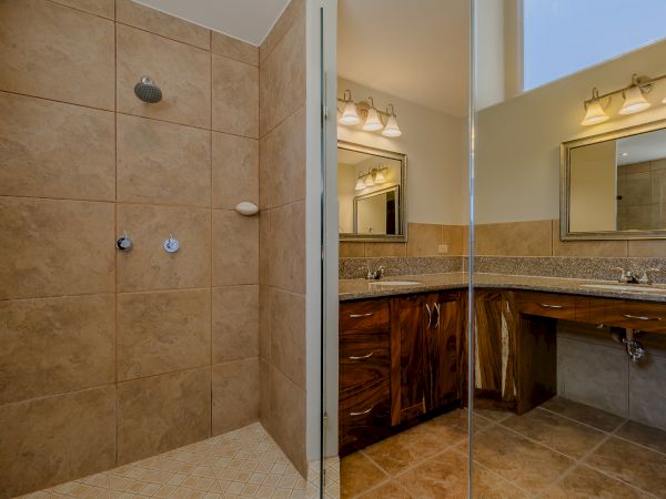 A bathroom with a walk-in tiled shower and a vanity area with two sinks, mirrors, and lighting. The overall design is elegant and modern.