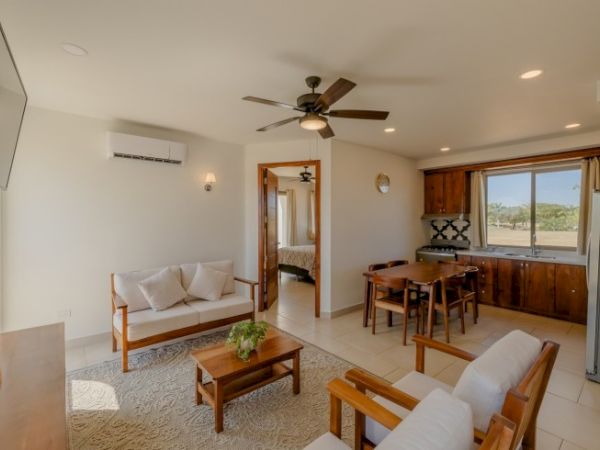 The image shows a cozy living room with a ceiling fan, a small kitchen, and a dining area. There's a sofa set, coffee table, and window.