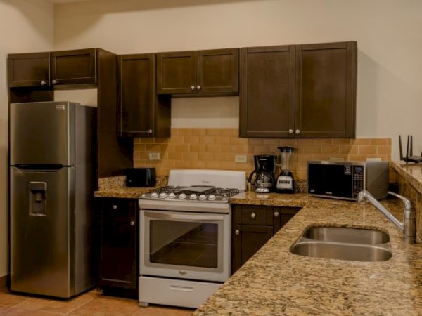 This image shows a kitchen with dark wood cabinets, a stainless steel fridge, a stove, a microwave, a sink, and various appliances on the countertop.